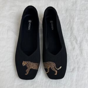 Vivaia Black Ballet Flats With Embroidered Cheetah Print Size 40.5 - US 9/9.5
